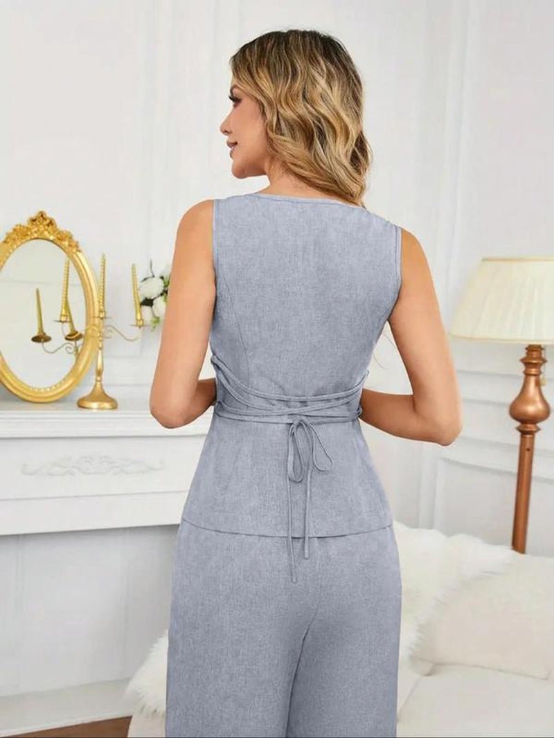 Chic Women's Solid Color Button Front Vest & Wide Leg Pants - Elegant Summer Casual Outfit for Every Occasion - Bela Fils BoutiqueBela Fils Boutique